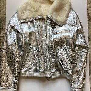 D&G Metallic Silver Bomber Jacket with Cream Fur Collar